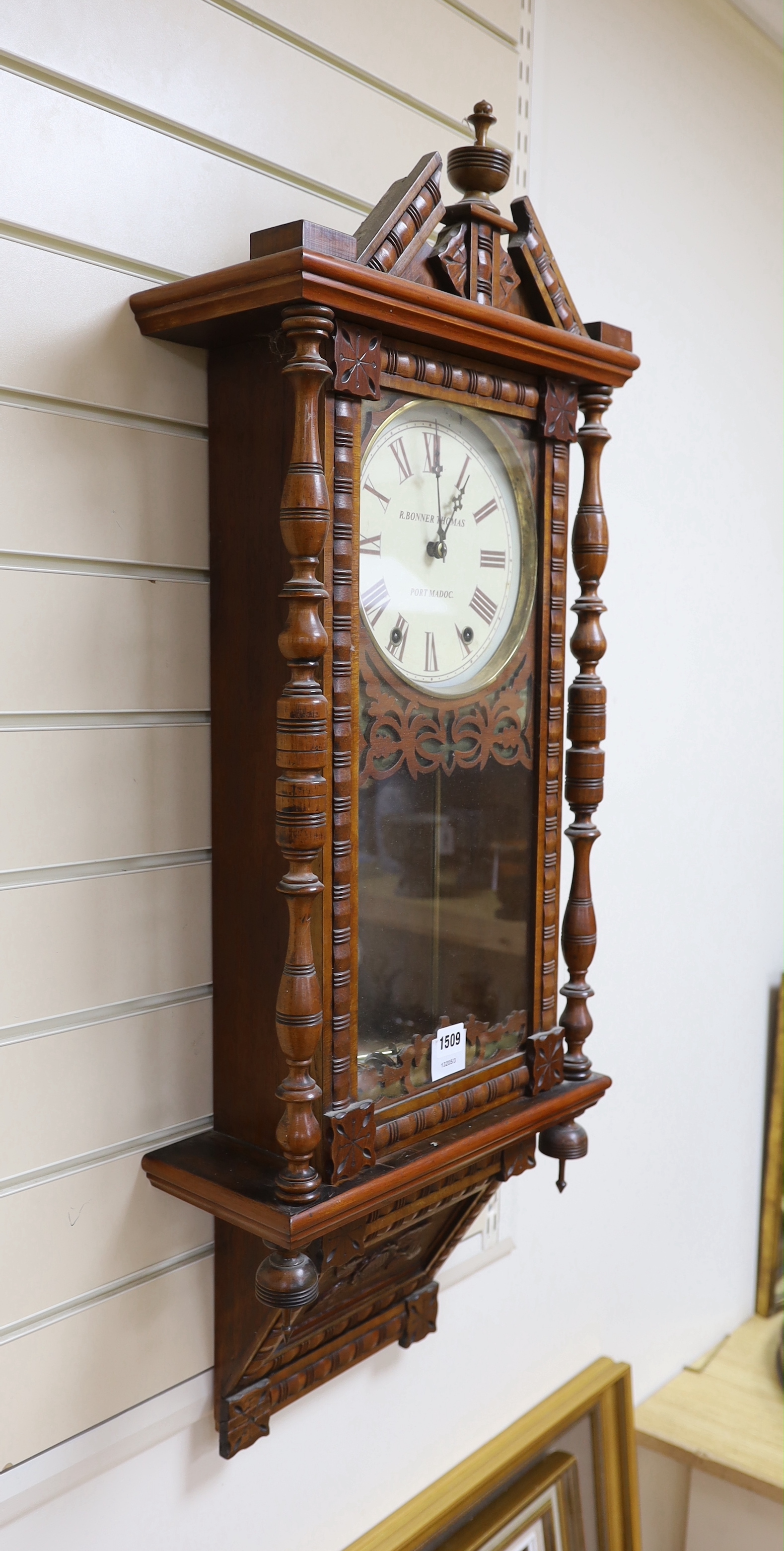A late 19th century mahogany wall clock, inscribed R Bonner Thomas, Port Madoc, 96cm high